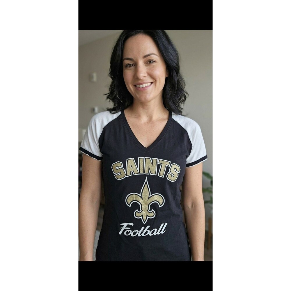 Majestic New Orleans Saints Women’s V-Neck T-Shirt - Black/White Raglan - Size M